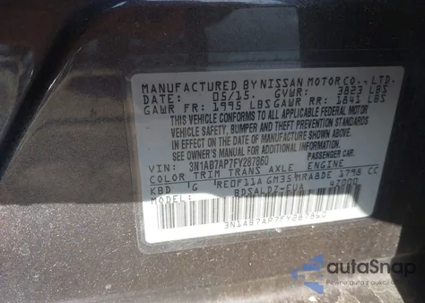 2015 Nissan Sentra Sv z USA, uszkodzony, nr VIN 3N1AB7AP7FY287860